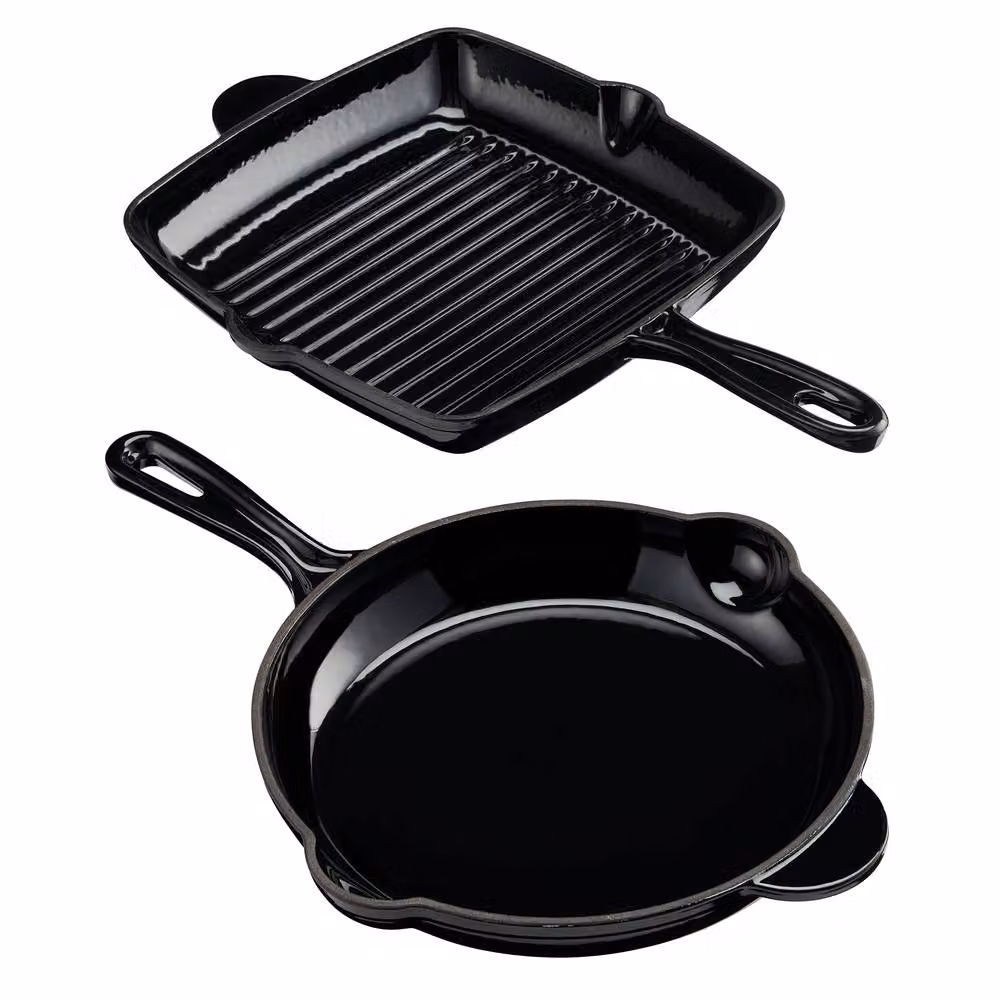 Cooks Professional 2 Piece Enamelled Cast Iron Frying Pan and Skillet Set in Black – 2
