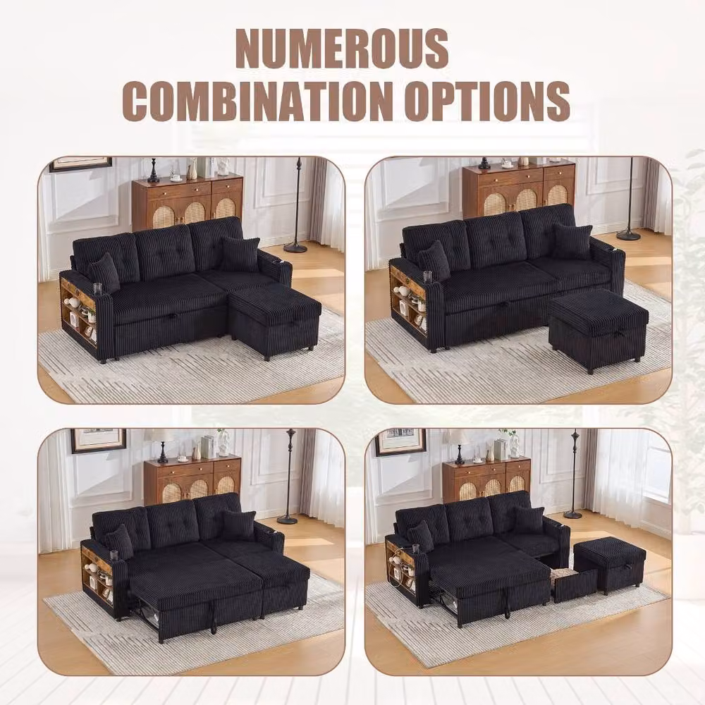 Rolipo Corduroy Sofa Bed with Storage, USB Charging, LED Lighting and Cup Holder in Black – 8