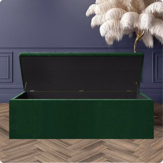 R&M Furnishers Forest Green Striped Plush Velvet Upholstered Blanket Chest and End of Bed Bench