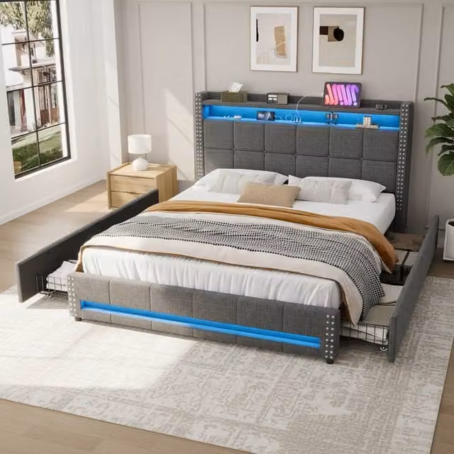 BTM Grey Fabric Double Bed with 4 Drawers and LED Charging Headboard, W/D/H: 140 x 200 x 115 cm – 1