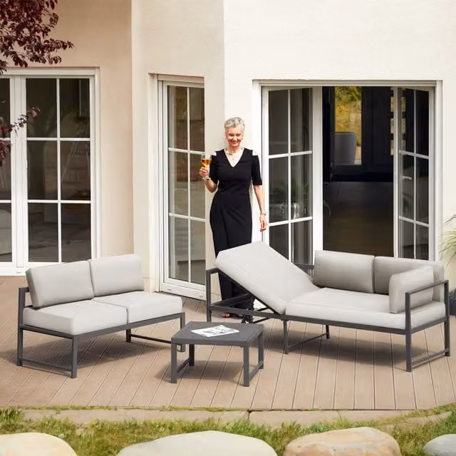 tectake Faro L-Shape Garden Corner Sofa Set with 2 Sofas and 1 Table in Grey