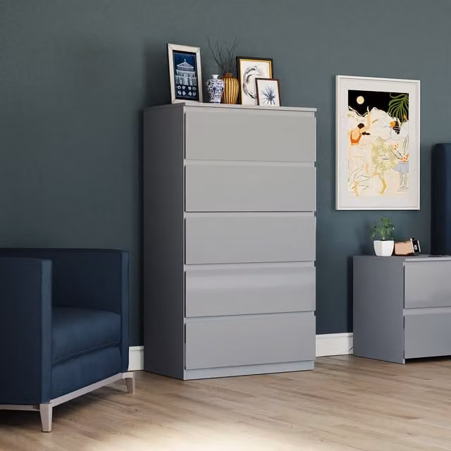Vida Designs Glinton 5 Drawer Chest in Grey Glossy Finish