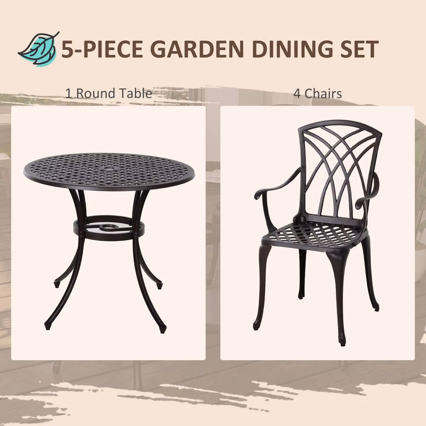 OUTSUNNY 5 Piece Metal Outdoor Garden Furniture Set with Coffee Table in Brown – 3