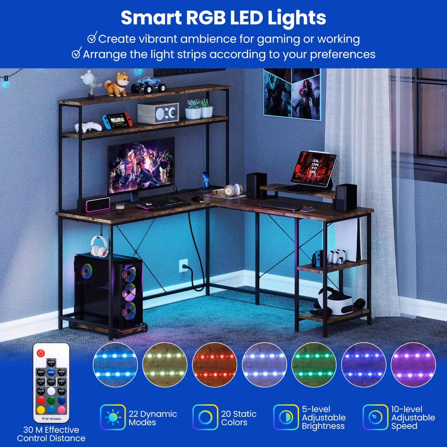 Costway L-Shaped Reversible Corner Gaming Desk with LED Strip in Brown – 3