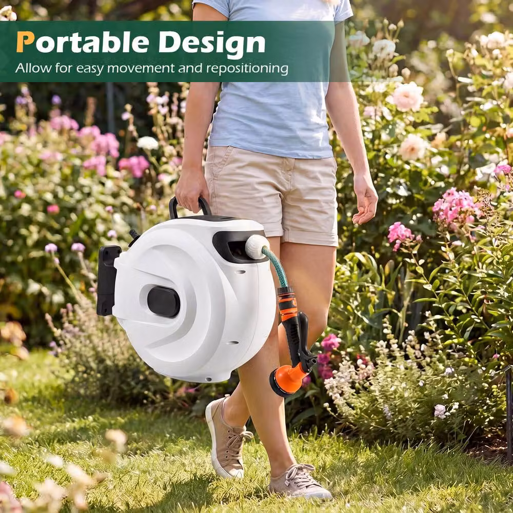 Gymax White Wall-Mounted Retractable Hose Reel with Auto-Rewind, 1/2 Inch x 30m + 2m – 6