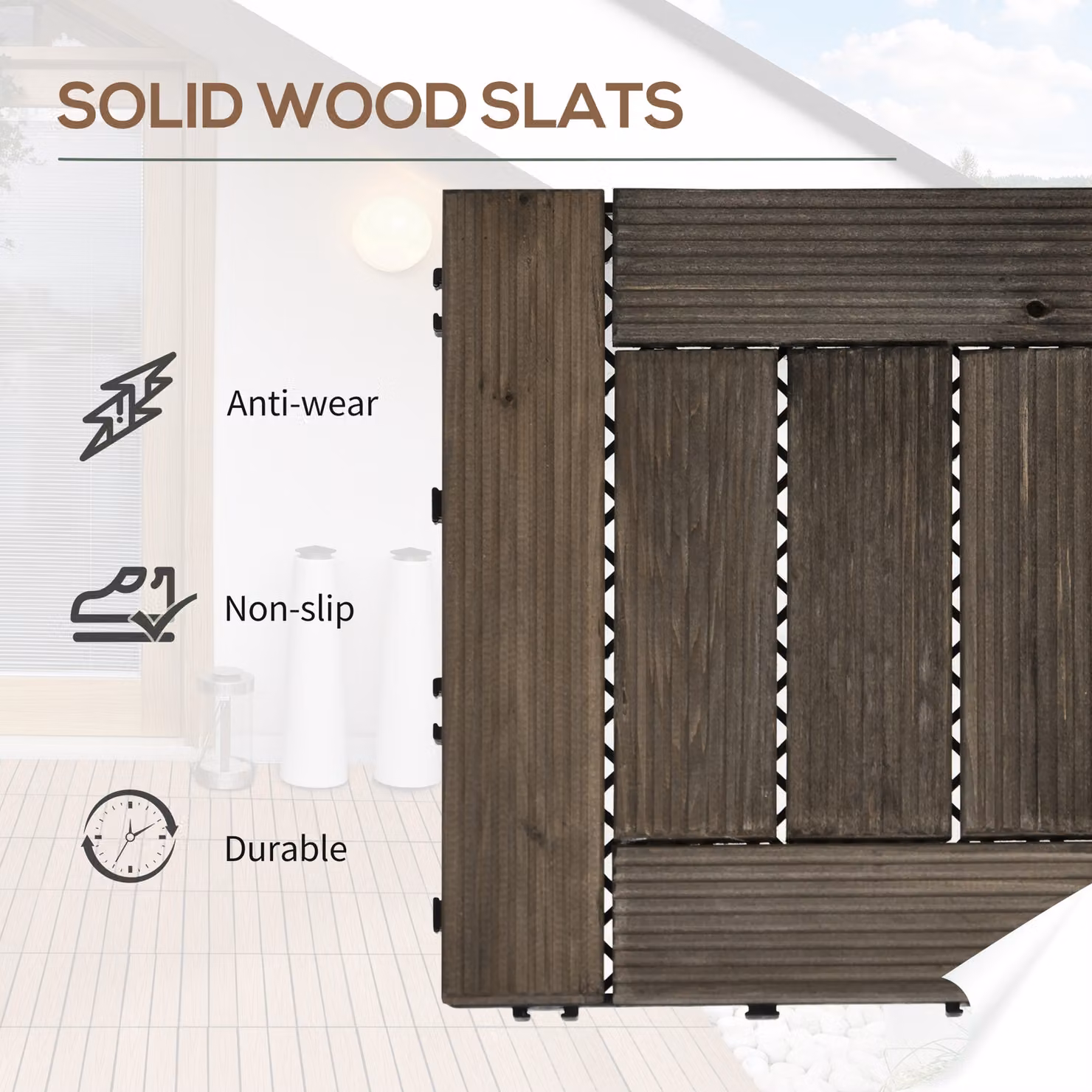 Outsunny 27 Piece Brown Wooden Interlocking Decking Tiles for Patio, Balcony and Terrace, W/D: 30 x 30 cm – 4