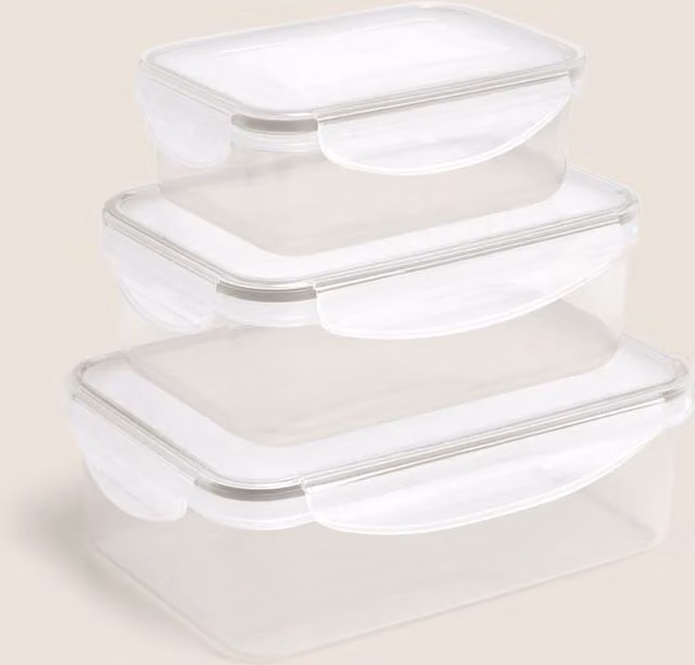 M&S Set of 3 Grey Transparent Plastic Food Storage Containers with Snap Lids