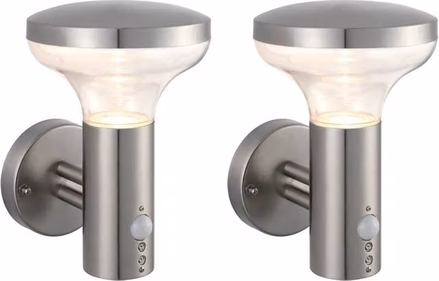 First Choice Lighting Rocky Set of 2 Stainless Steel Motion Sensor Outdoor Wall Lights in Silver