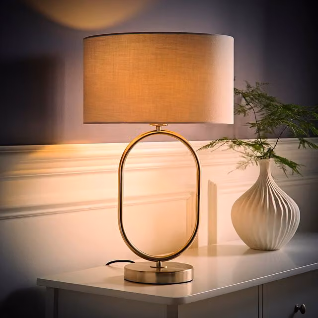 ValueLights Antonia Oval Table Lamp in Brushed Chrome with Grey Fabric Drum Shade and LED Bulb