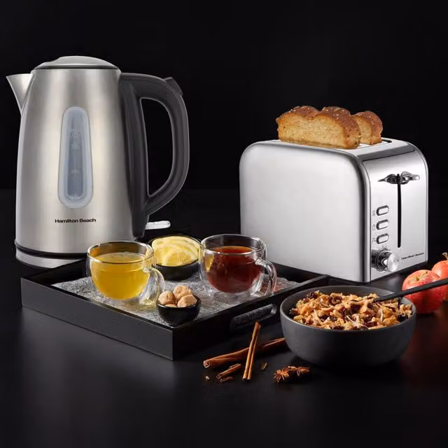 Hamilton Beach Rise Polished Kettle and 4 Slice Toaster Bundle in Silver Stainless Steel