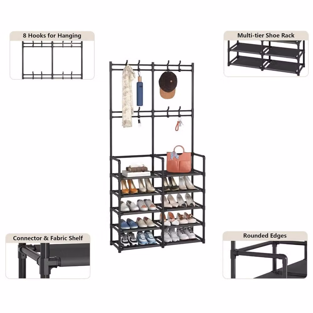 FLAVORA 10-Tier Space-Saving Shoe Rack with Coat Hooks in Black – 3