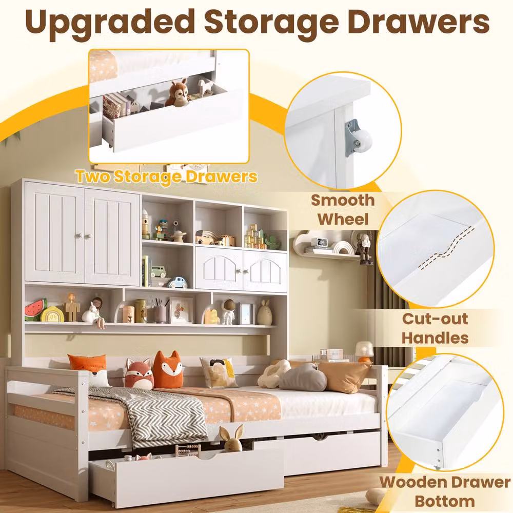 BTM Single Wooden Bed with Bookcase, Guardrail and 2 Drawers, White, W/D/H: 90 x 190 x 166 cm – 3