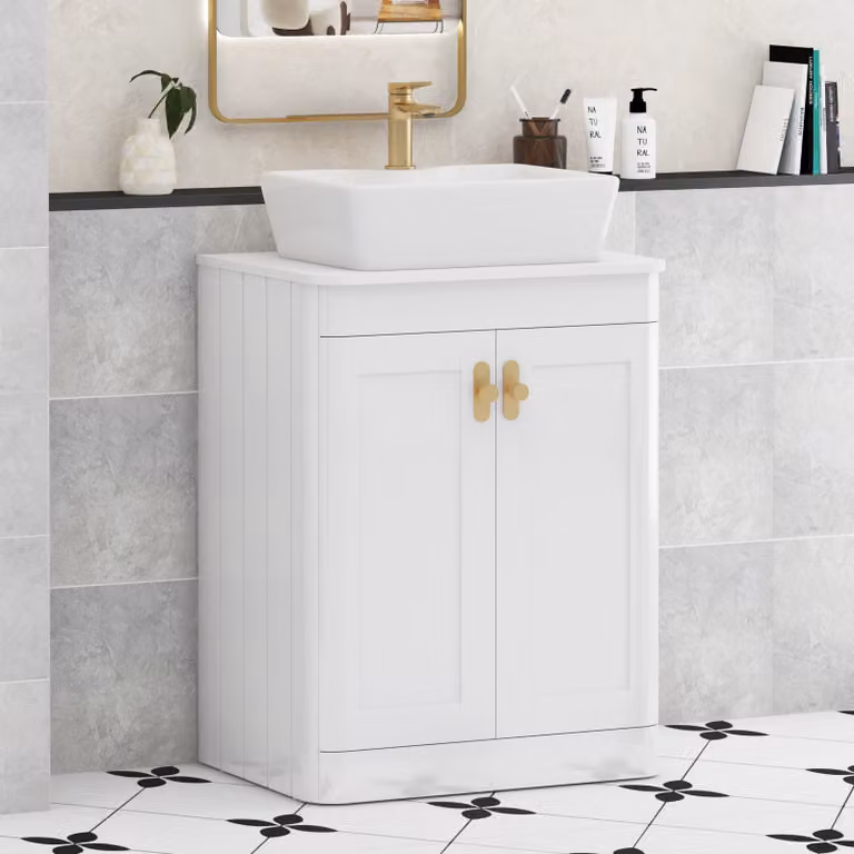 Royal Bathrooms Henley 600mm Gloss White Floor Standing 2 Door Bathroom Vanity Unit with Plain White Worktop and Brushed Brass Knob