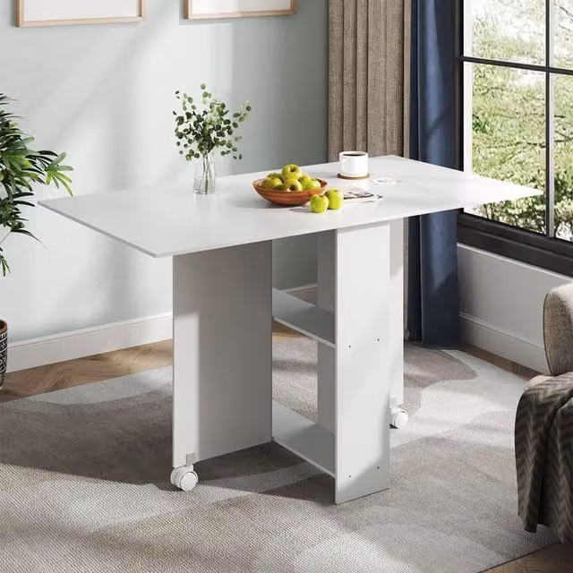 Komore Modern White Folding Rectangular Dining Table with Two-Tier Serving Shelves and Castors