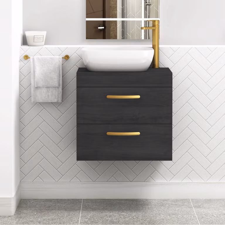 Royal Bathrooms Hale Black 500mm Wall Mounted 2 Drawer Bathroom Vanity Unit with Elva Countertop Sink and Brushed Brass Handle