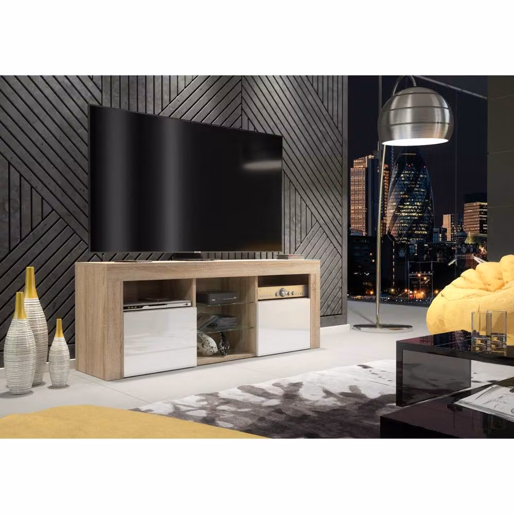Mex Furniture LTD Pulse TV Unit in Oak and White Gloss with LED Lights, W: 145 cm, D: 35 cm, H: 53 cm – 5