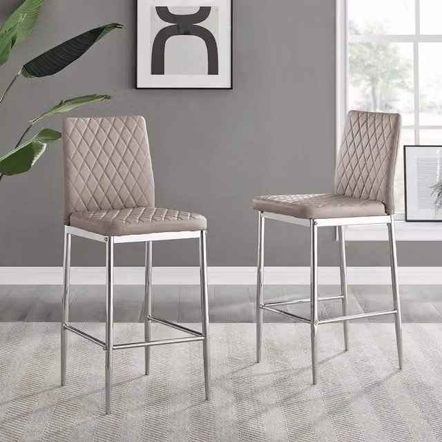 FurnitureboxUK Set of 2 Milan Hatched Faux Leather Padded Counter Stools with Silver Chrome Metal Legs in Beige – 1