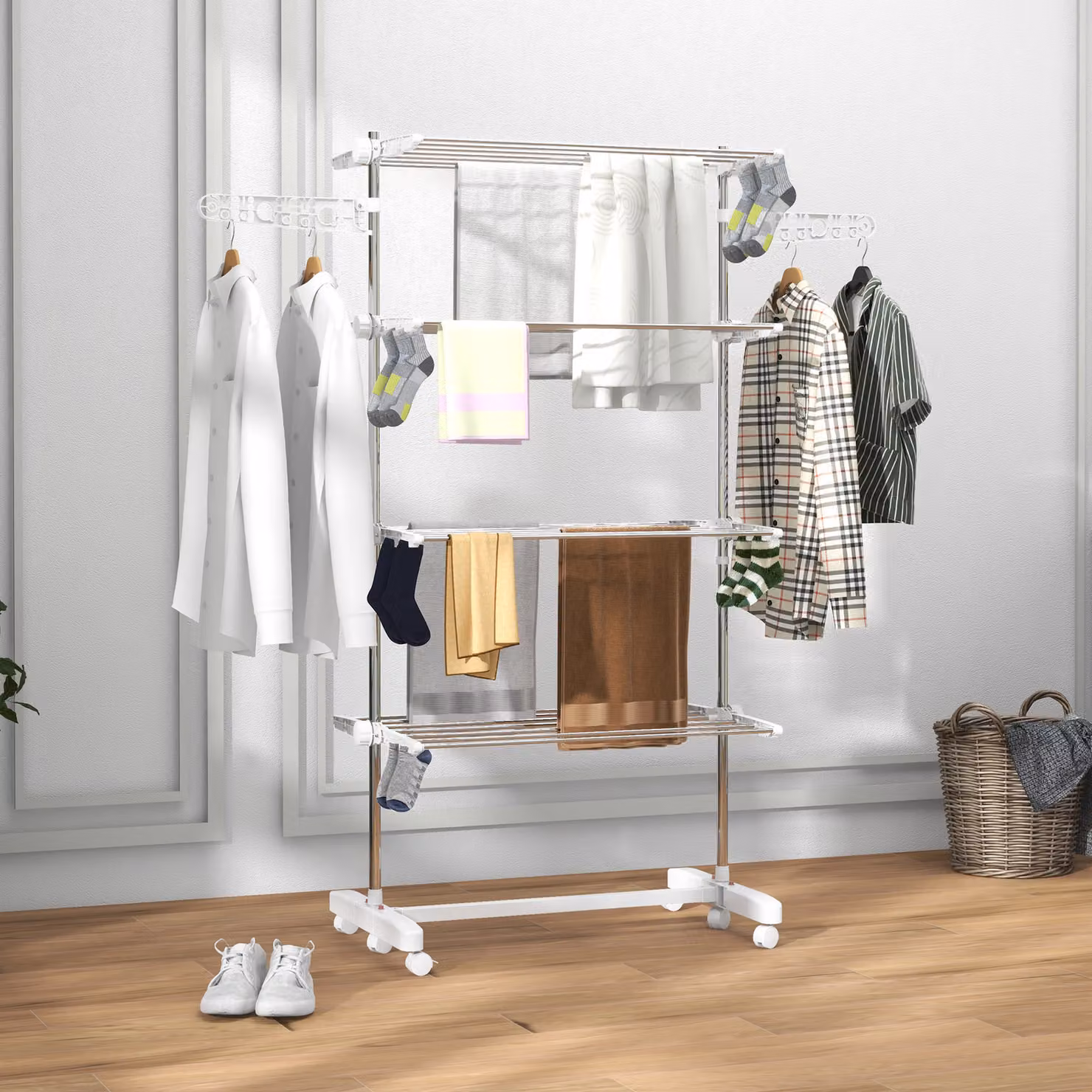 HOMCOM 4-Tier Foldable Clothes Airer with Wheels, White, H 172 x W 55 x D 142 cm – 2