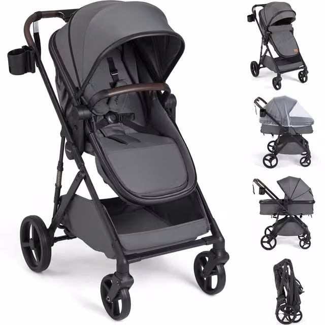Costway Foldable Convertible Baby Stroller with Bassinet in Grey