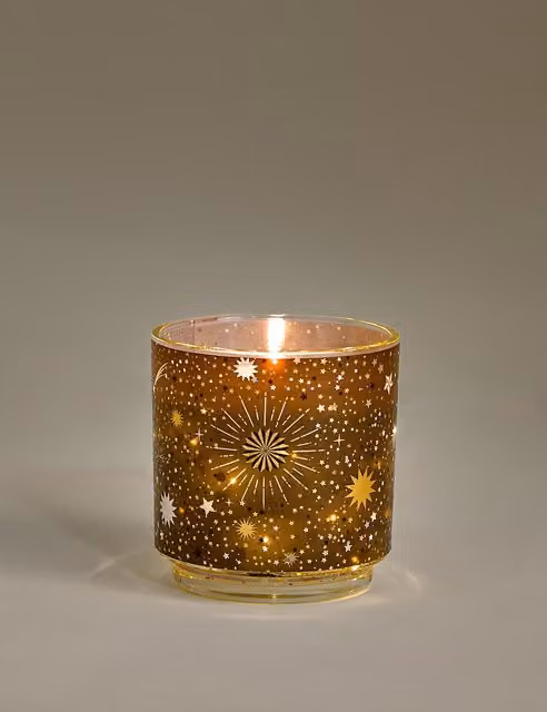 M&S Frankincense & Myrrh Refillable Light Up Geometric Glass Candle in Gold and Multicolour