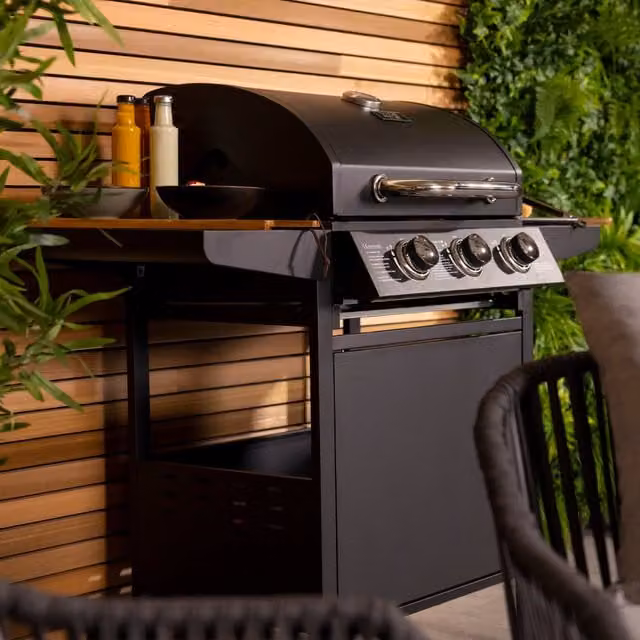 Charles Bentley 3 Burner Gas BBQ with Warming Rack and Thermometer in Black