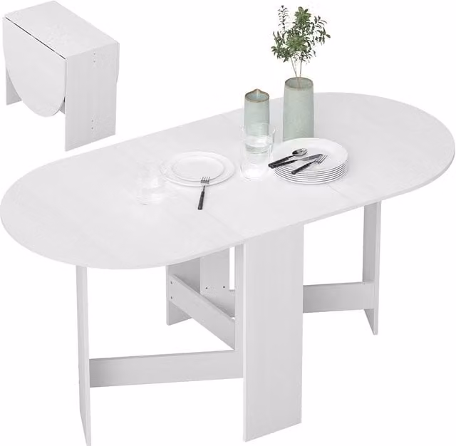 HOMCOM Oval Drop Leaf Kitchen Dining Table in White Ash Wood-Effect – 1