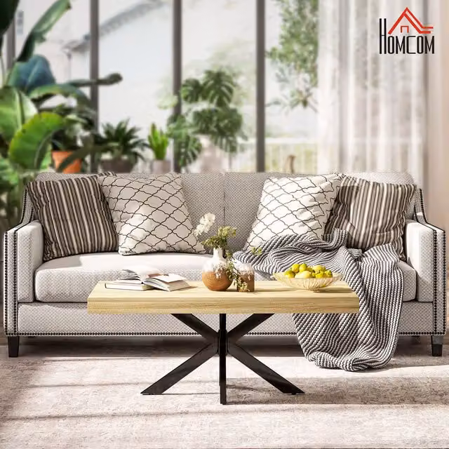 HOMCOM Industrial Rectangular Coffee Table with Steel X-Frame in Brown, Black and Yellow