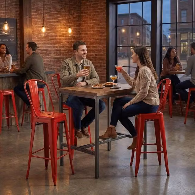 FWStyle Set of 4 Red Glossy Bistro Bar Chairs in Powder Coated Steel, H 117 x W 48 x D 44 cm – 1