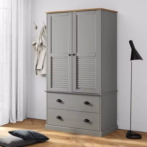 vidaXL VIGO Wardrobe in Grey Waxed Solid Pine with Roll Shutter and Internal Drawers, W/D/H: 90 x 55 x 170 cm – 2