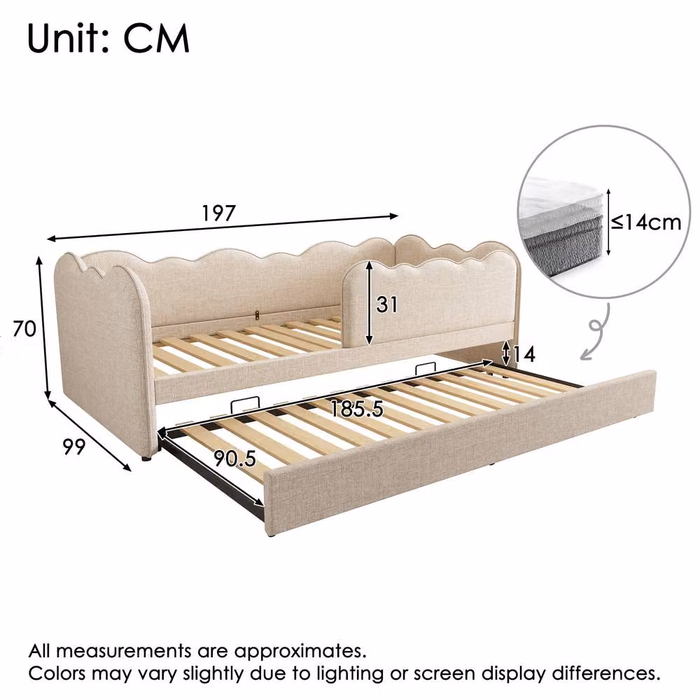 STILVORA Single Daybed with Pull-Out Trundle in Beige, W/D/H: 190 x 90 x 70 cm – 2