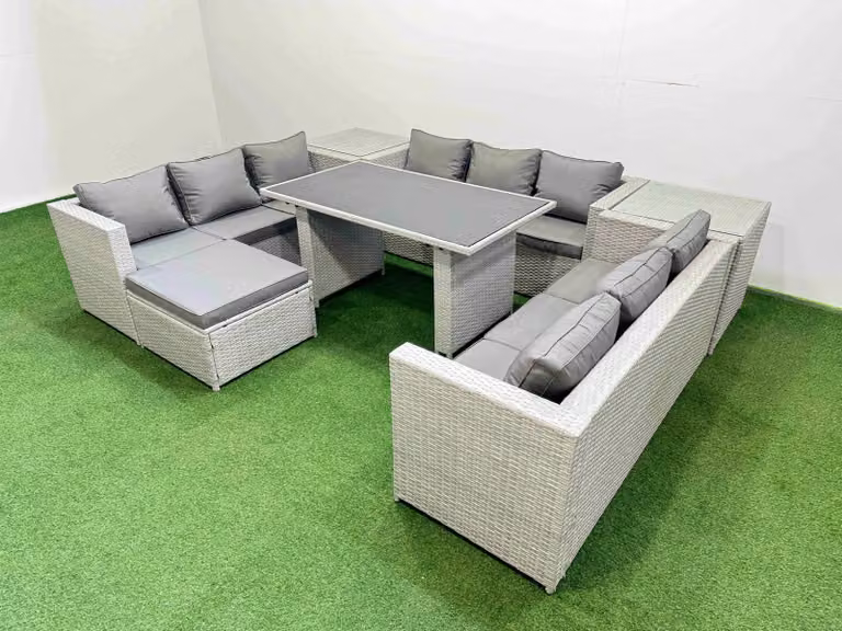 Fimous Patio Modern U-Shape Garden Furniture Set in Light Grey with 3-Seater Sofa, Ottoman and 2 Side Tables