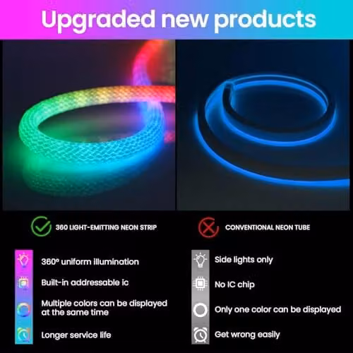 ENERJ RGBIC Neon Rope Light, 5m Multicolour Waterproof IP65 LED Strip, 50W 5000LM Smart Lighting with App, Remote Control and Music Sync – 4