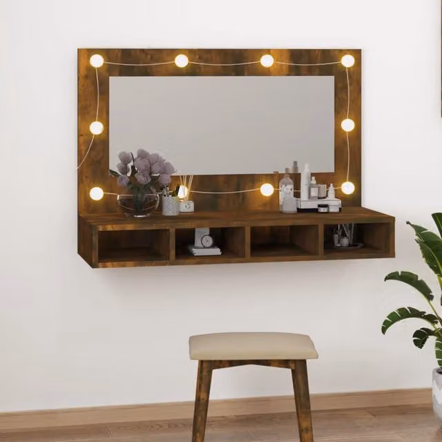 Berkfield Home Mirror Cabinet with LED Lighting in Smoked Oak Brown, W/D/H: 90 x 31.5 x 62 cm – 1