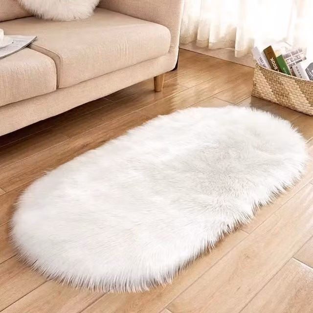 Kidkid Oval Super Soft Shaggy Area Carpet, White, Washable and Non-Slip