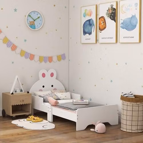 ZONEKIZ Rabbit-Themed Toddler Bed Frame with Drawers, White, W/D/H: 143 x 74 x 75 cm