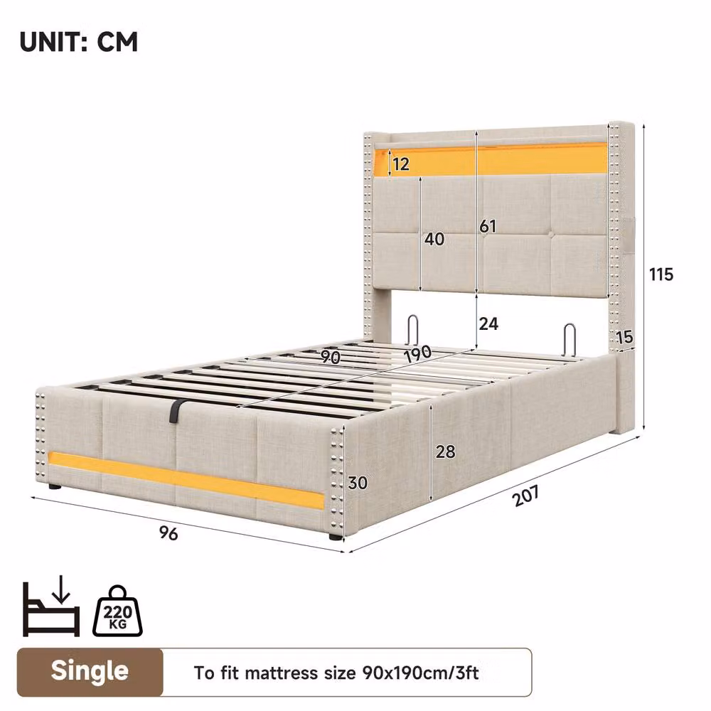 Merax Single Linen Ottoman Bed in Beige with LED Lighting and USB Charging Headboard, W/D/H: 90 x 190 x 115 cm – 5