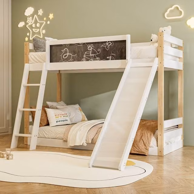 BTM Kids Two-Level Bunk Bed with Storage Stairs and Drawers, White and Natural, W/D/H: 90 x 190 cm
