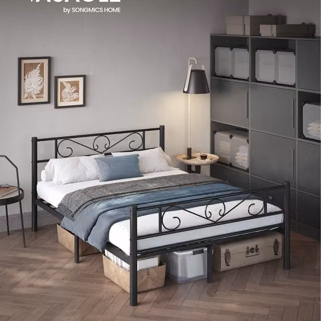 VASAGLE Metal Double Bed Frame in Black, W/D/H: 136.8 x 198 x 86.4 cm