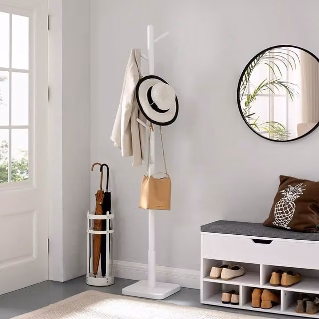VASAGLE White Premium Wood Hall Stand Multi Hook Coat Tree with Adjustable Height, H: 175 cm, W: 30 cm, D: 24 cm