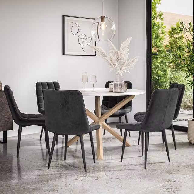More4Homes Malvern Round Marble Effect Dining Table Set with Oak Legs and 6 Black Nova Velvet Chairs, Diameter: 120 cm, Height: 75 cm