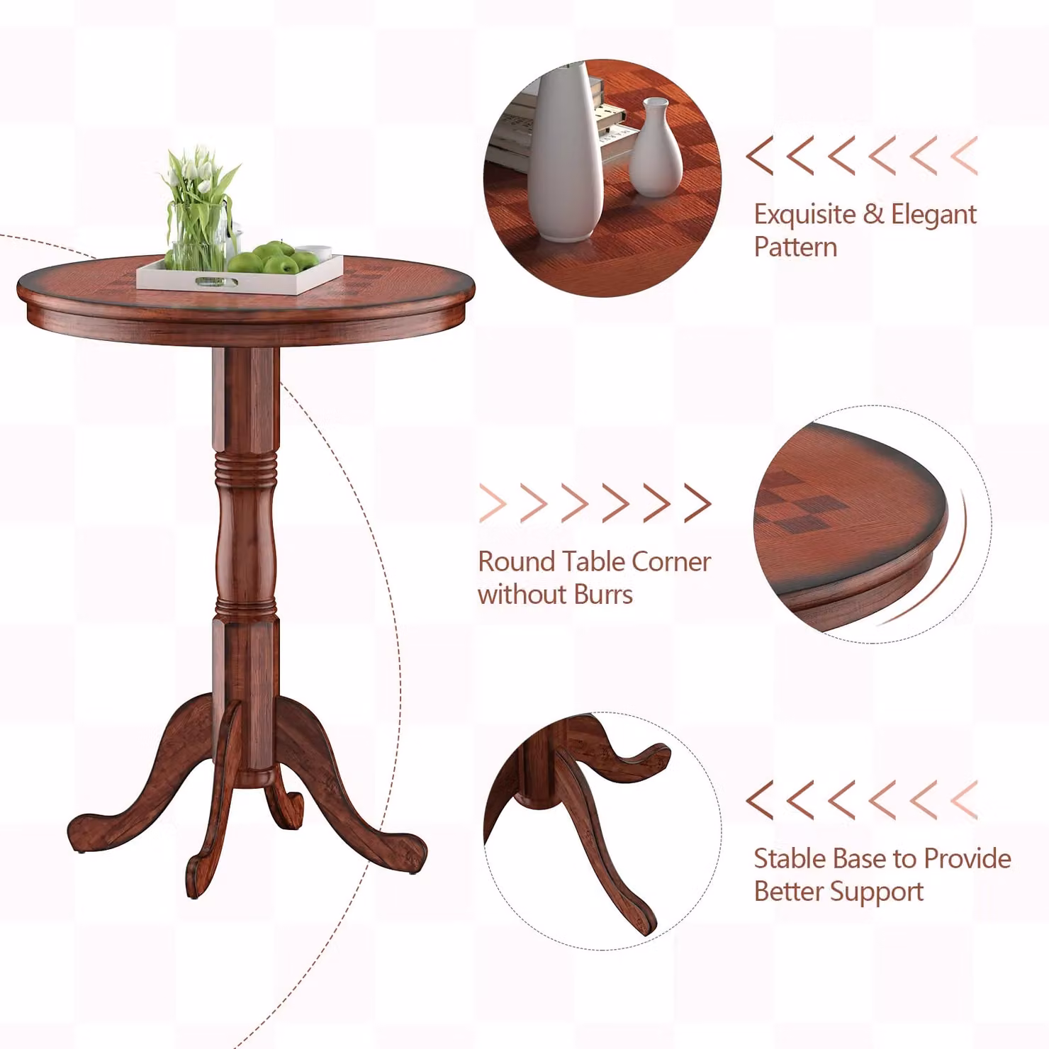 Costway Round Pub Pedestal Side Table in Dark Brown with Stable Wooden Base – 3