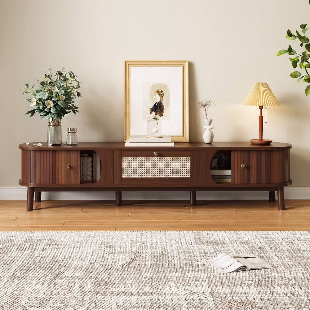 Matteo Modern Walnut TV Cabinet with Solid Wood Doors and Rattan Drawers in Brown – 3