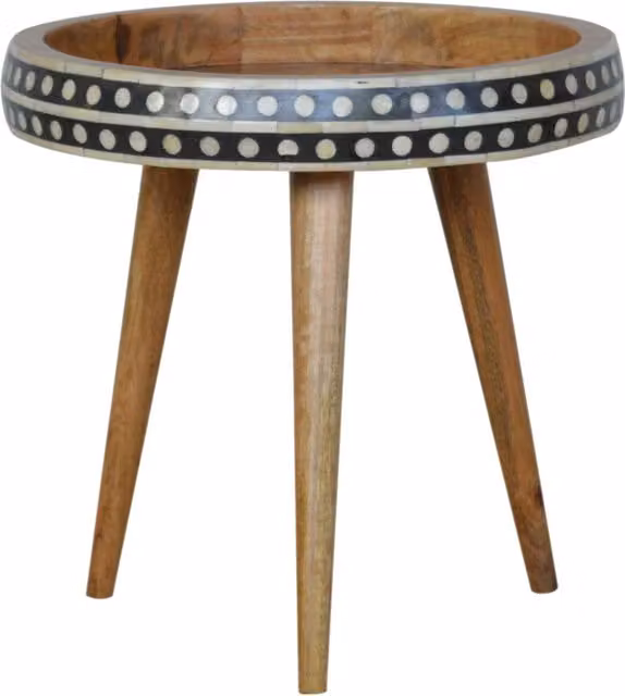 KDMK Round Mango Wood End Table with Blue Geometric Nordic Pattern
