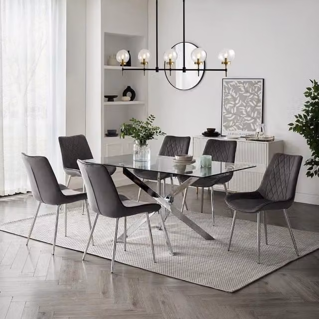 GRS Toulouse Rectangular Glass Dining Table and 6 Grey Velvet Chairs