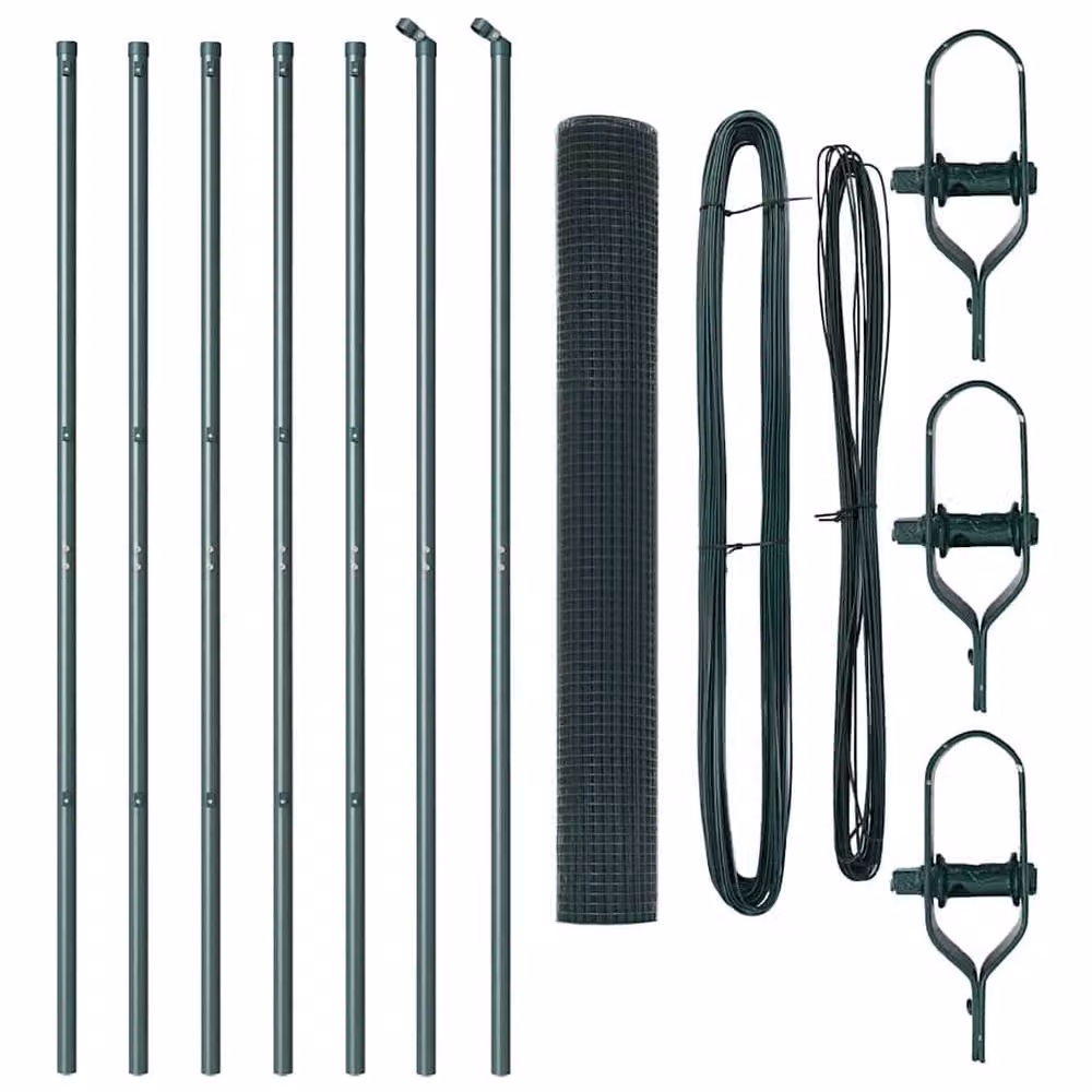 Berkfield Home Green Powder-Coated Steel Welded Wire Mesh Fence with 7 Round Posts, W: 10 m, H: 1.4 m – 4