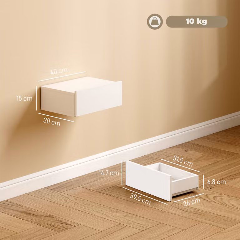 HOMCOM Set of 2 White Wall-Mounted Floating Bedside Tables with Storage Drawer