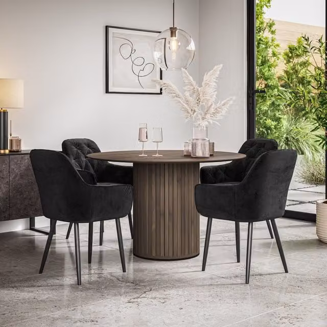 Arlo Black Modern Round Dining Table Set with 4 Velvet Chairs