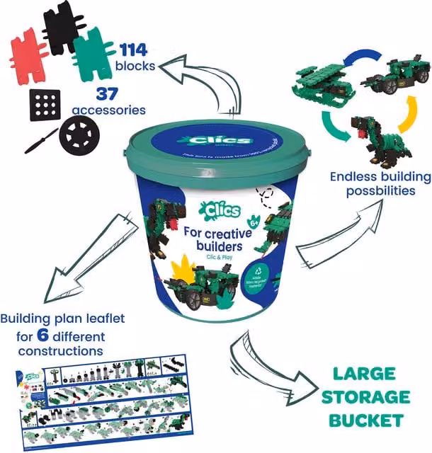 Clics Dino World Click and Play Bucket Creative Building Set, 181 Pieces, Green
