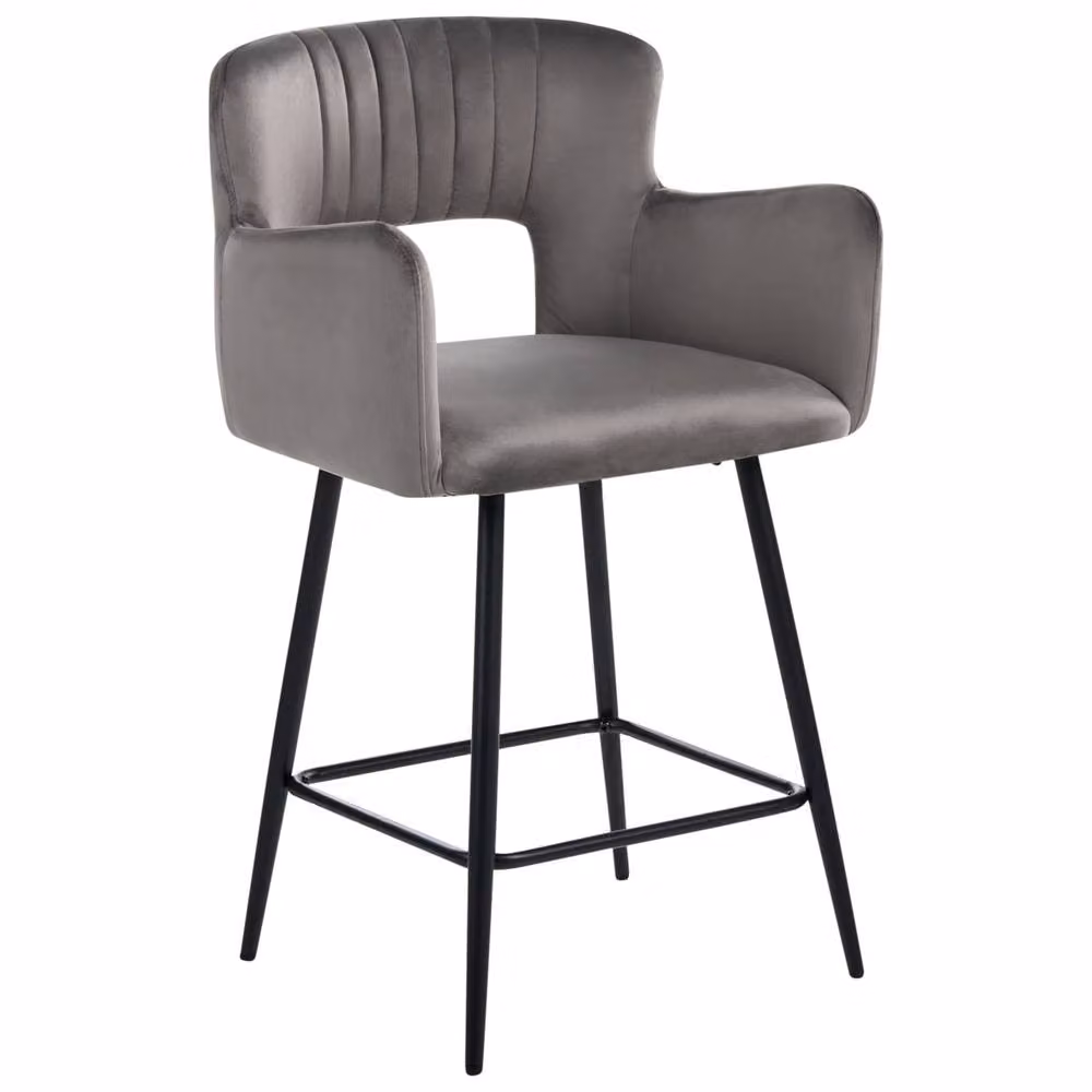 Wyld and Coco Set of 2 Grey Velvet Bar Chairs with Armrests and Cut-Out Back – 3