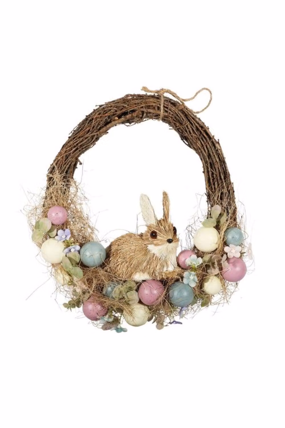KDMD Brown Easter Half Wreath with Sitting Rabbit and Floral Rattan Decorations, Diameter: 35 cm – 2